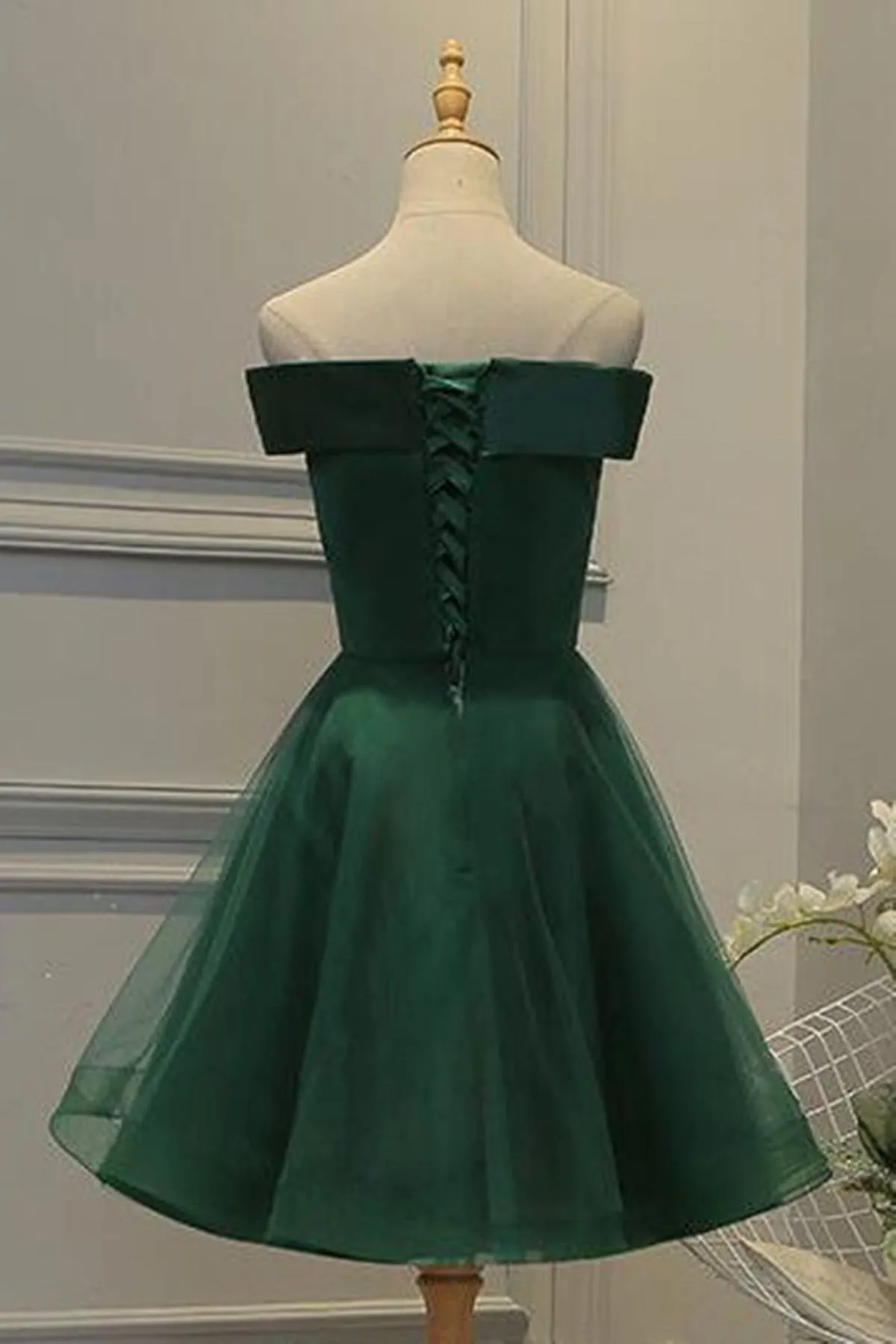Off Shoulder Green Lace Floral Prom Dress, Short Green Lace Homecoming Dress, Green Formal Evening Dress A1664