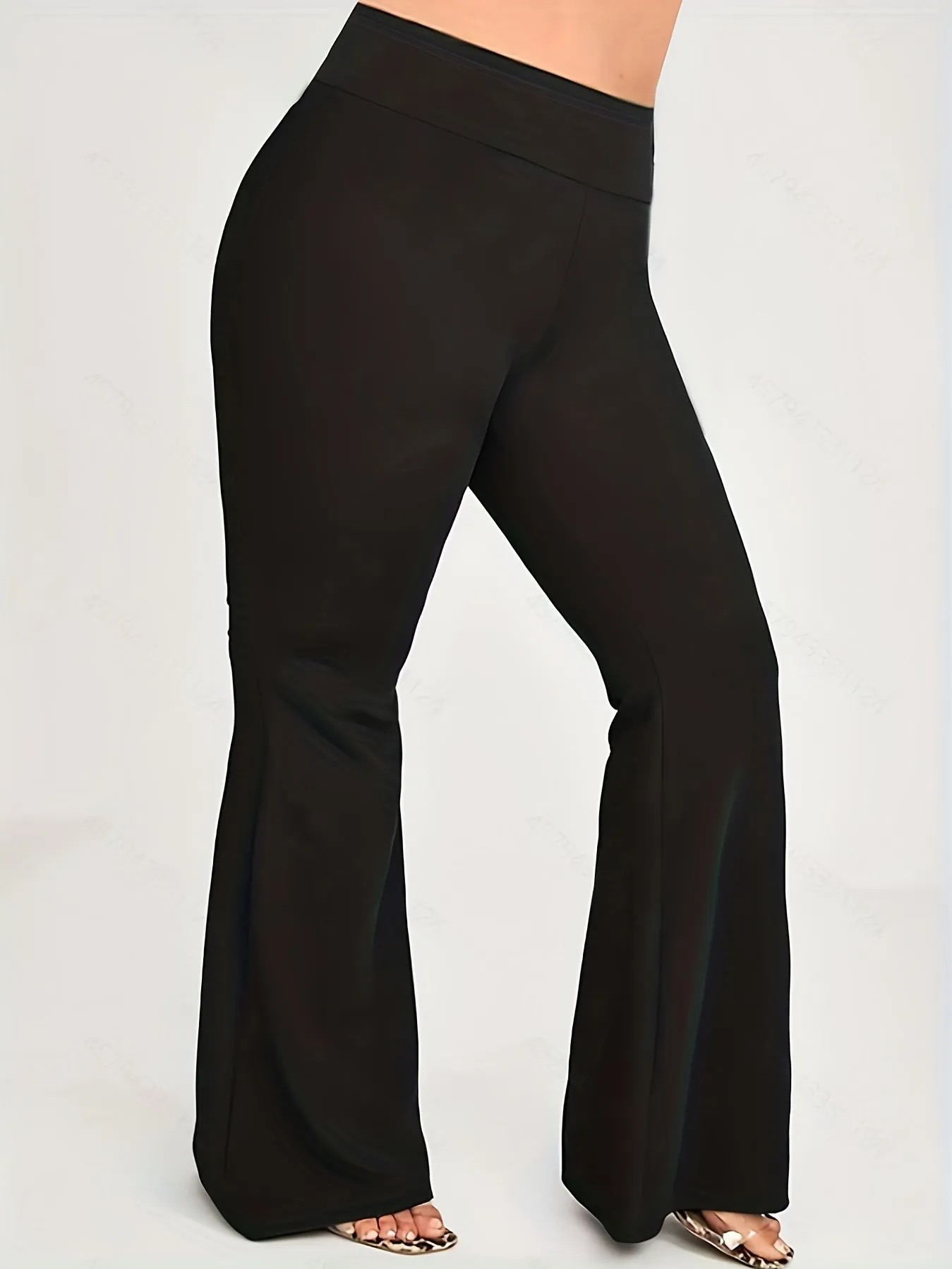Plus Size Elegant Pants, Women's Plus Solid High Waisted High Stretch Comfort Flare Leggings