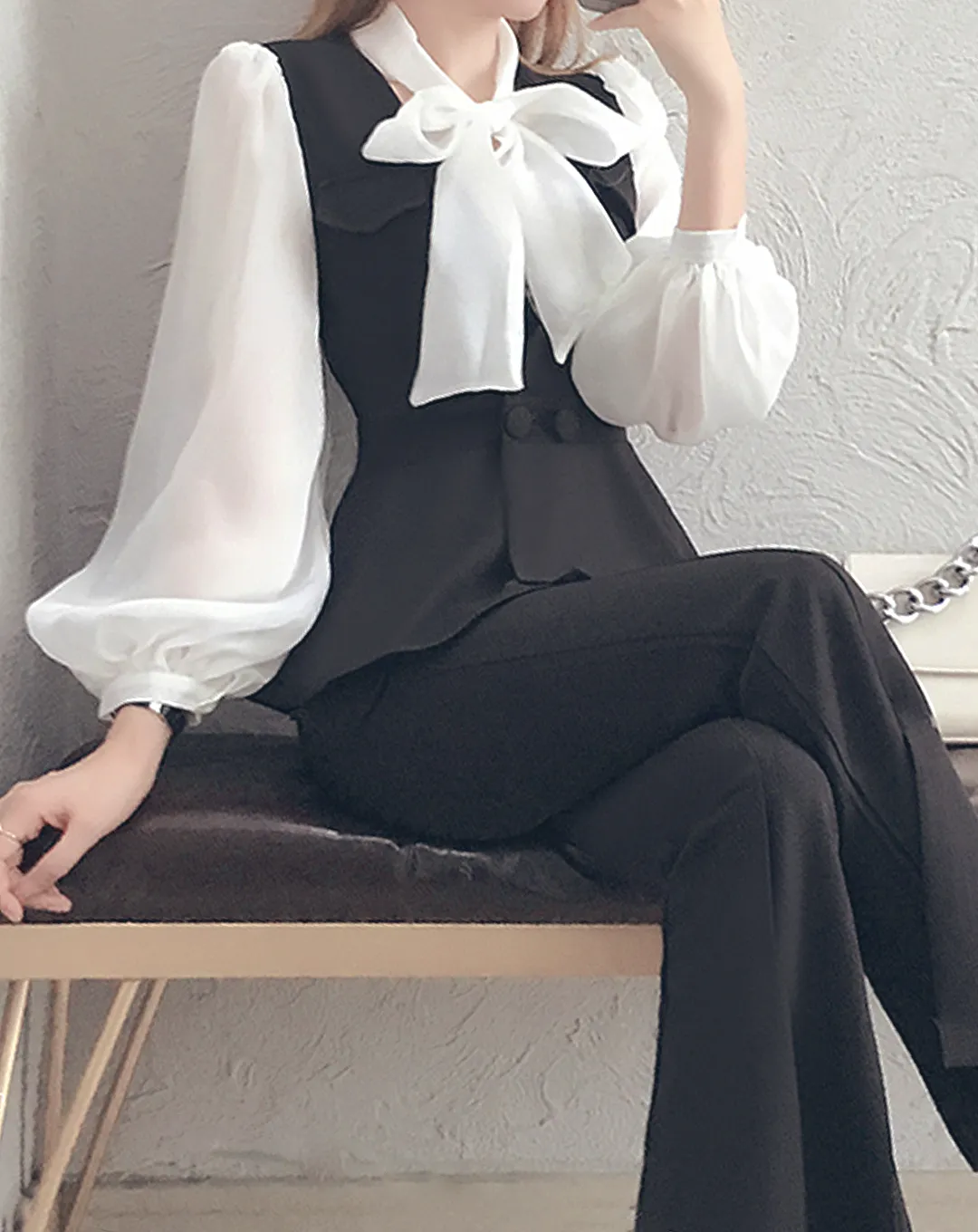 ♀Ribbon Blouse & Flared Vest & Pants