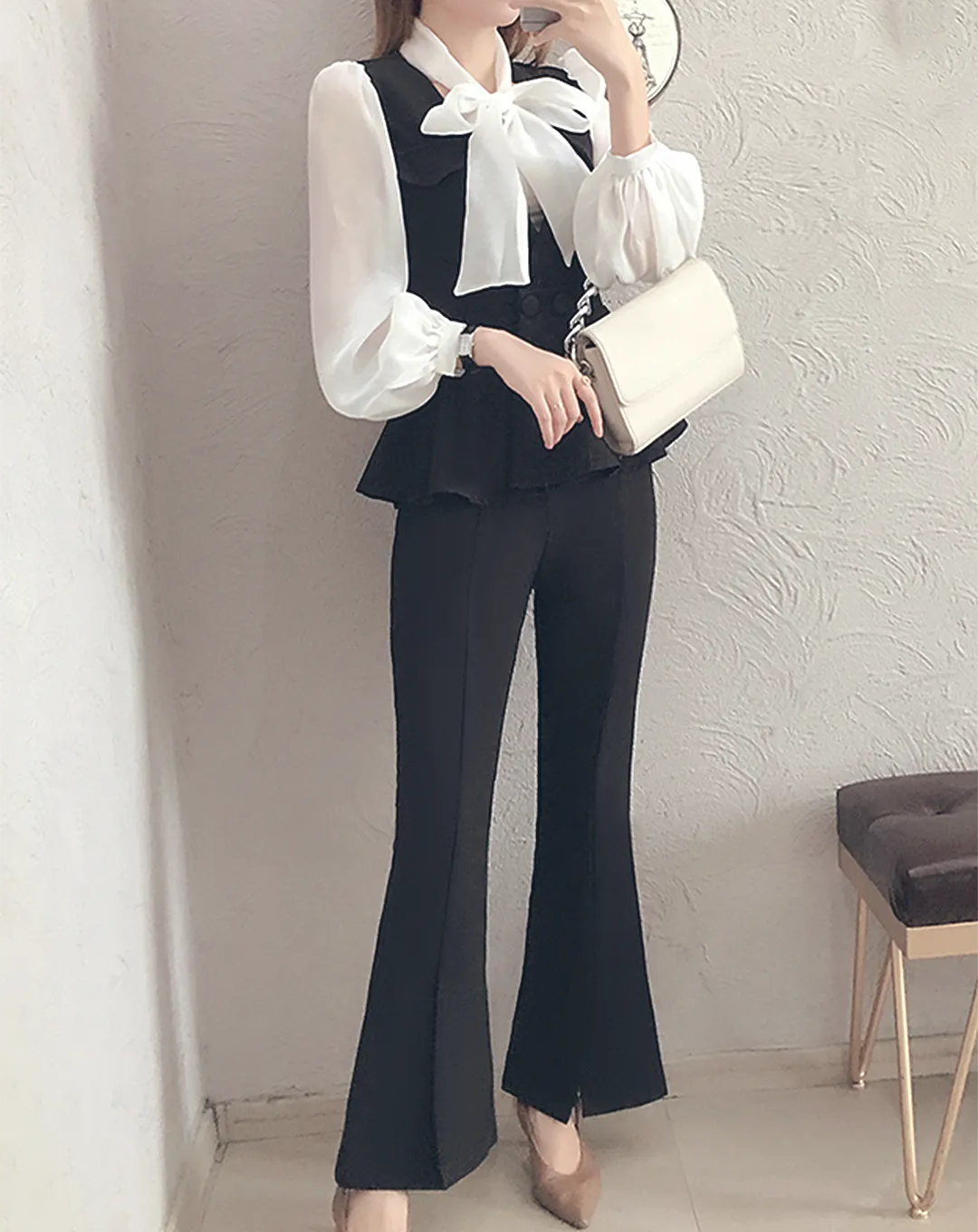 ♀Ribbon Blouse & Flared Vest & Pants