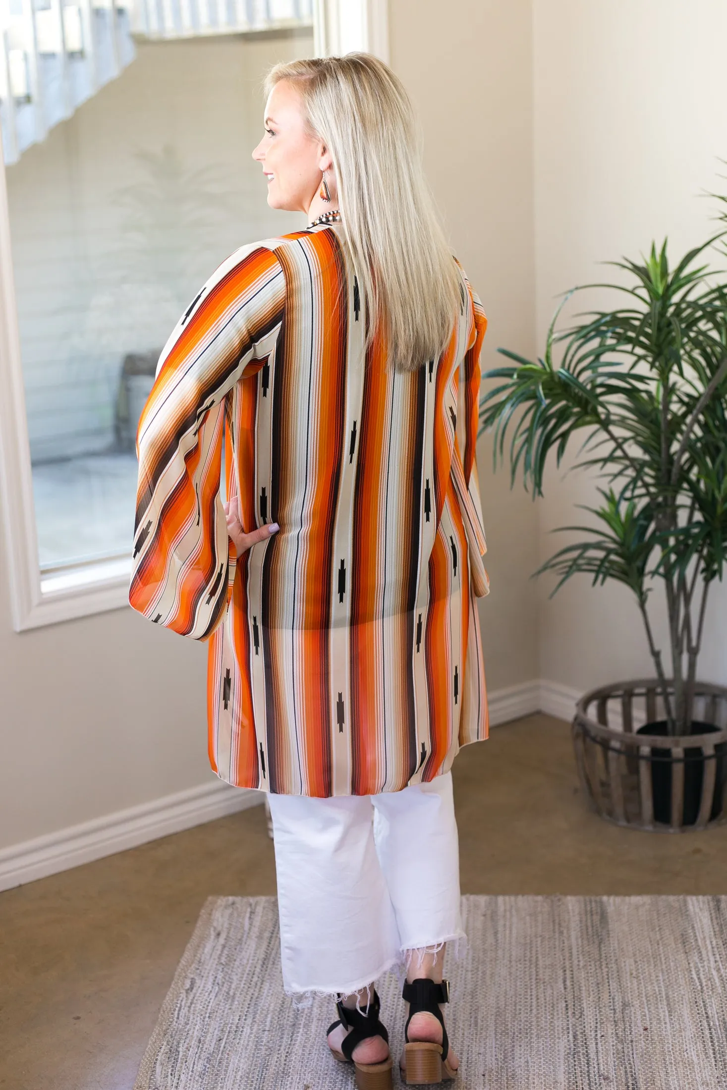 Southwestern Sunrise Serape Print Sheer Kimono in Orange and Beige