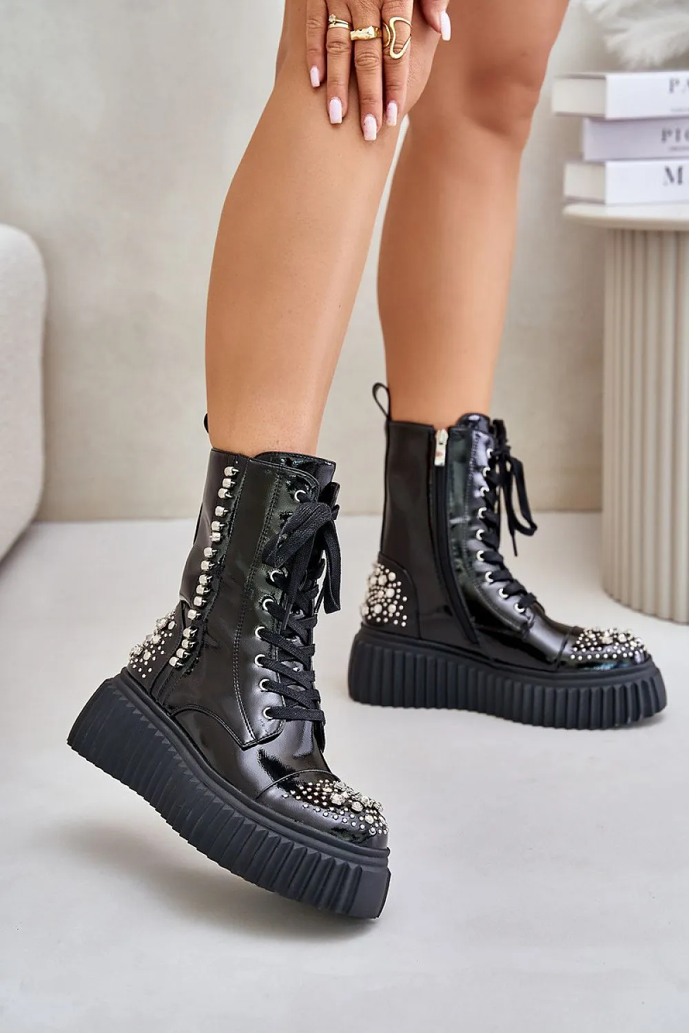 TEEK - Black Bedazzled Laced Boots