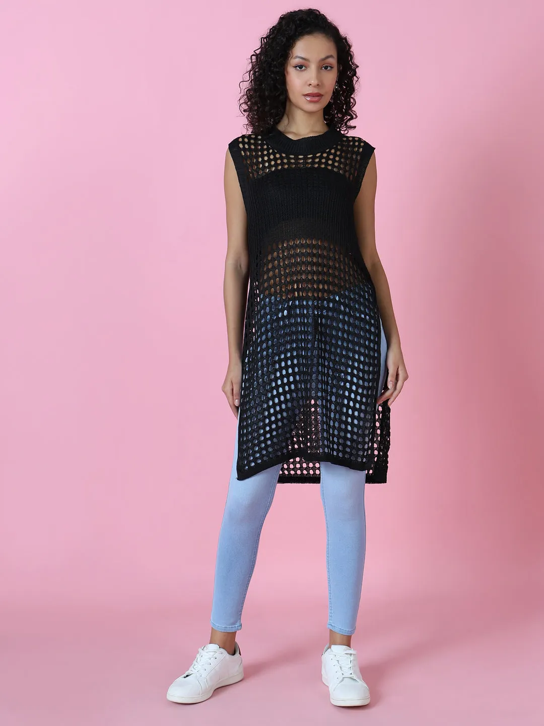 Women Black Solid Crochet Longline Top