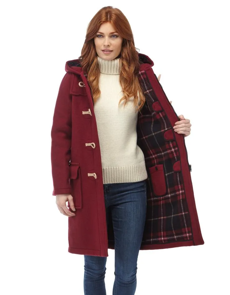 Women's Classic Fit Duffle Coat with Wooden Toggles - Burgundy