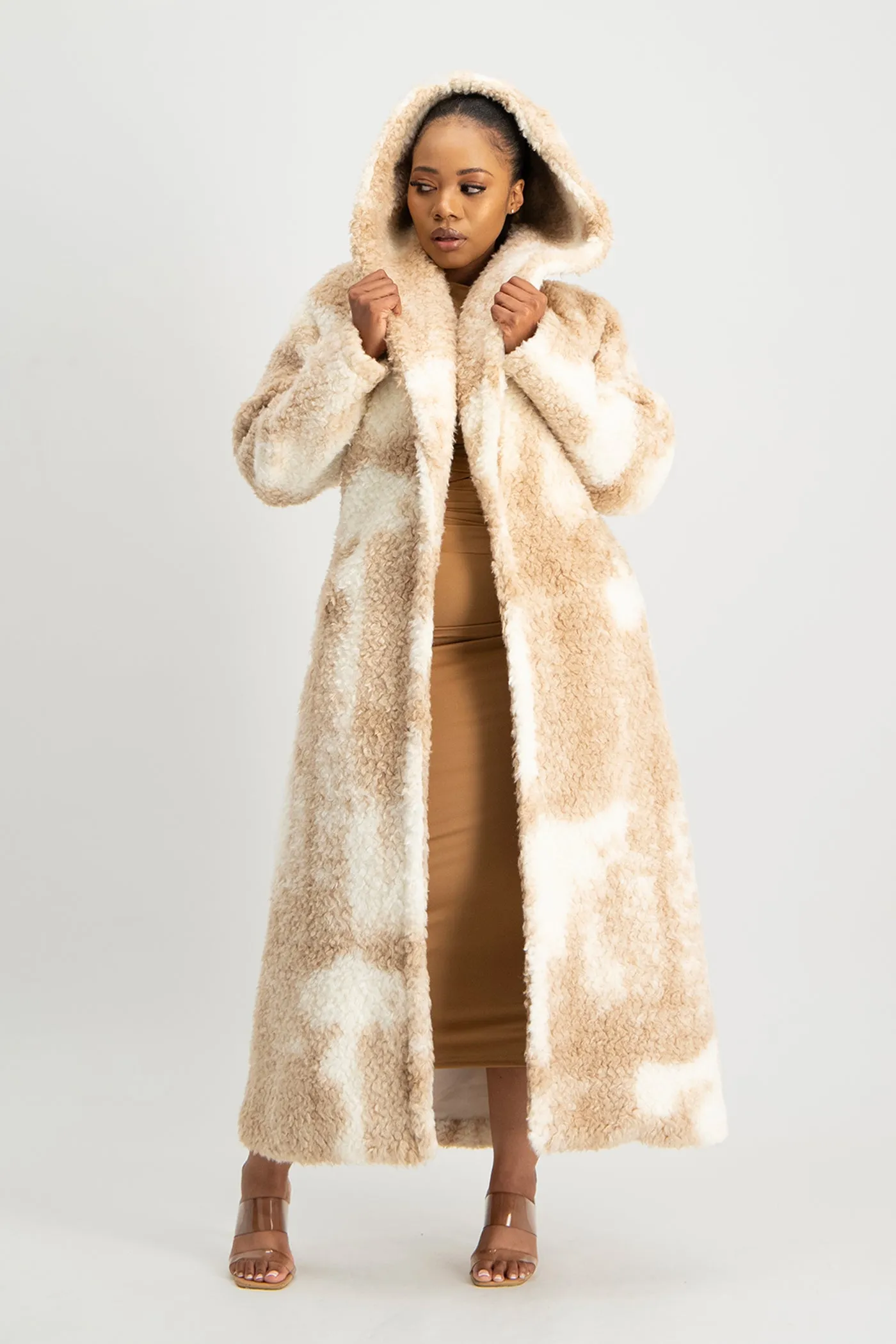 Zendaya Long Sleeve Hoody Coat - Brown / White